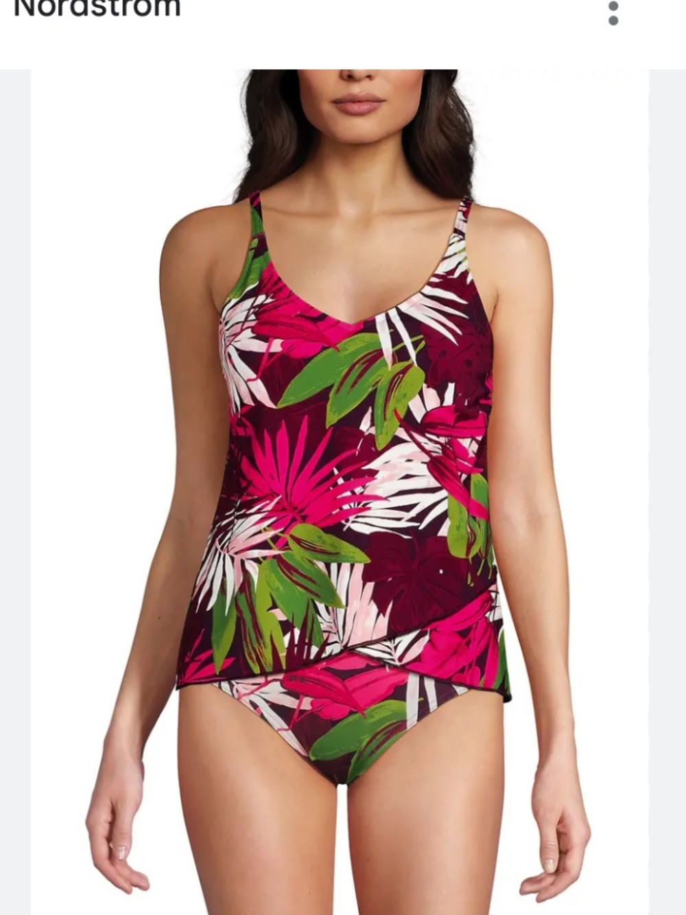 Worn Once LANDS END Tulip Hem Tankini, Size 16P/XLP, Dark Wine Tropical Palm